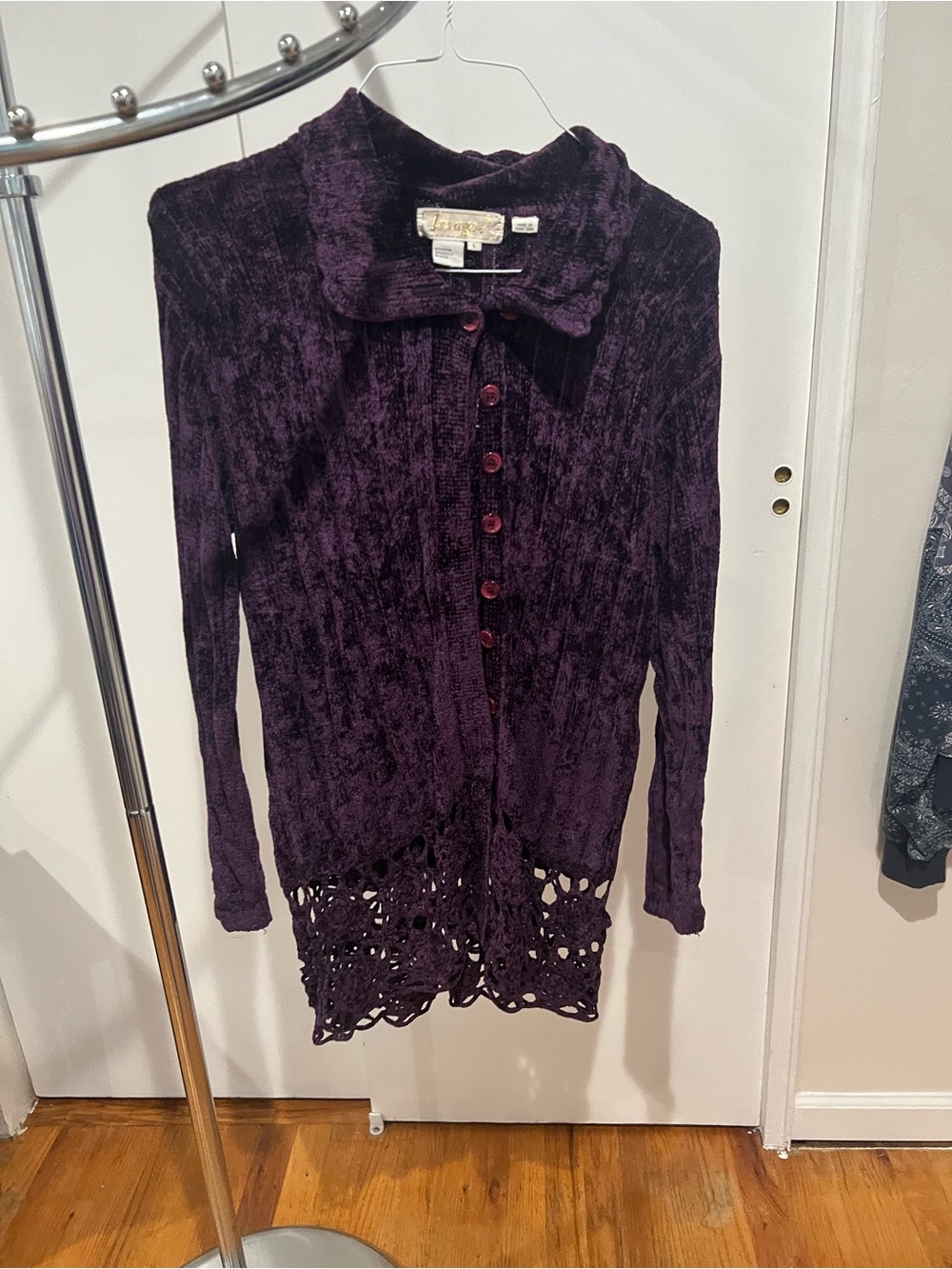 Plum Velvet Button-Up Cardigan with Crochet Hem